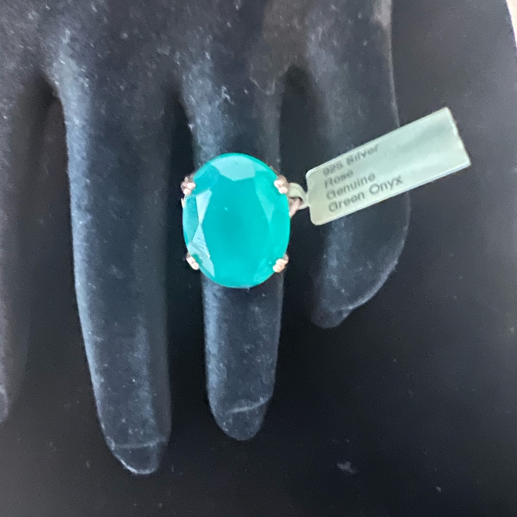 Genuine 18.35 Cts Green Onyx & Sapphire Ring .925 Silver Rose Nwt Size 5 1/2